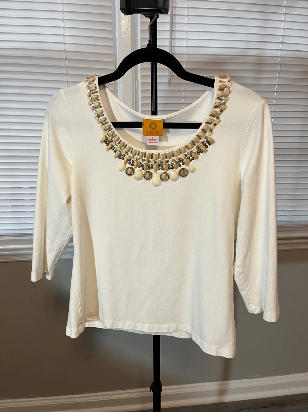 Ruby Rd. Cream Long Sleeve Scoop Neck Top with Beaded Trim